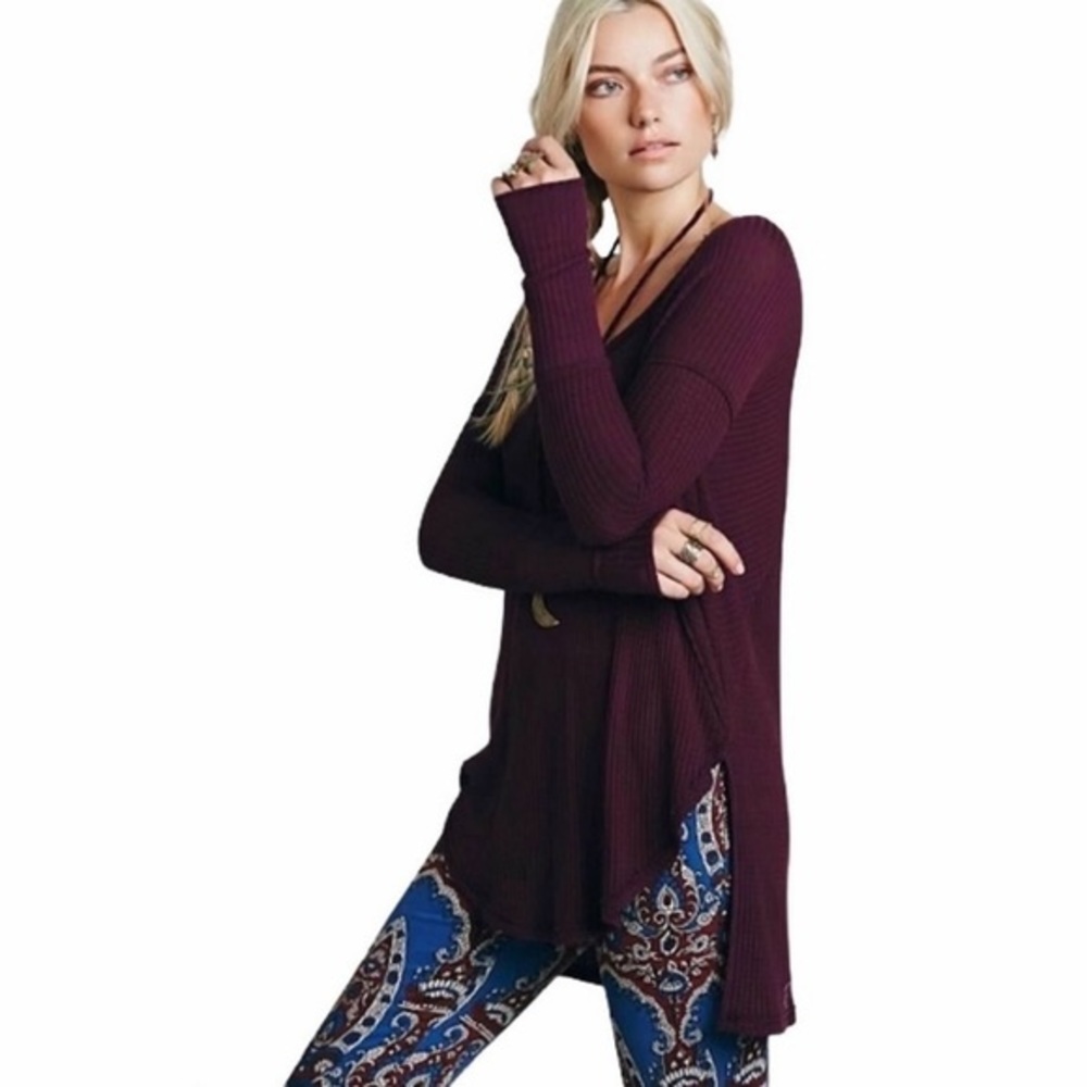 Free People | Ventura Longline Distressed Hi Low Knot Thermal Sweater Top
